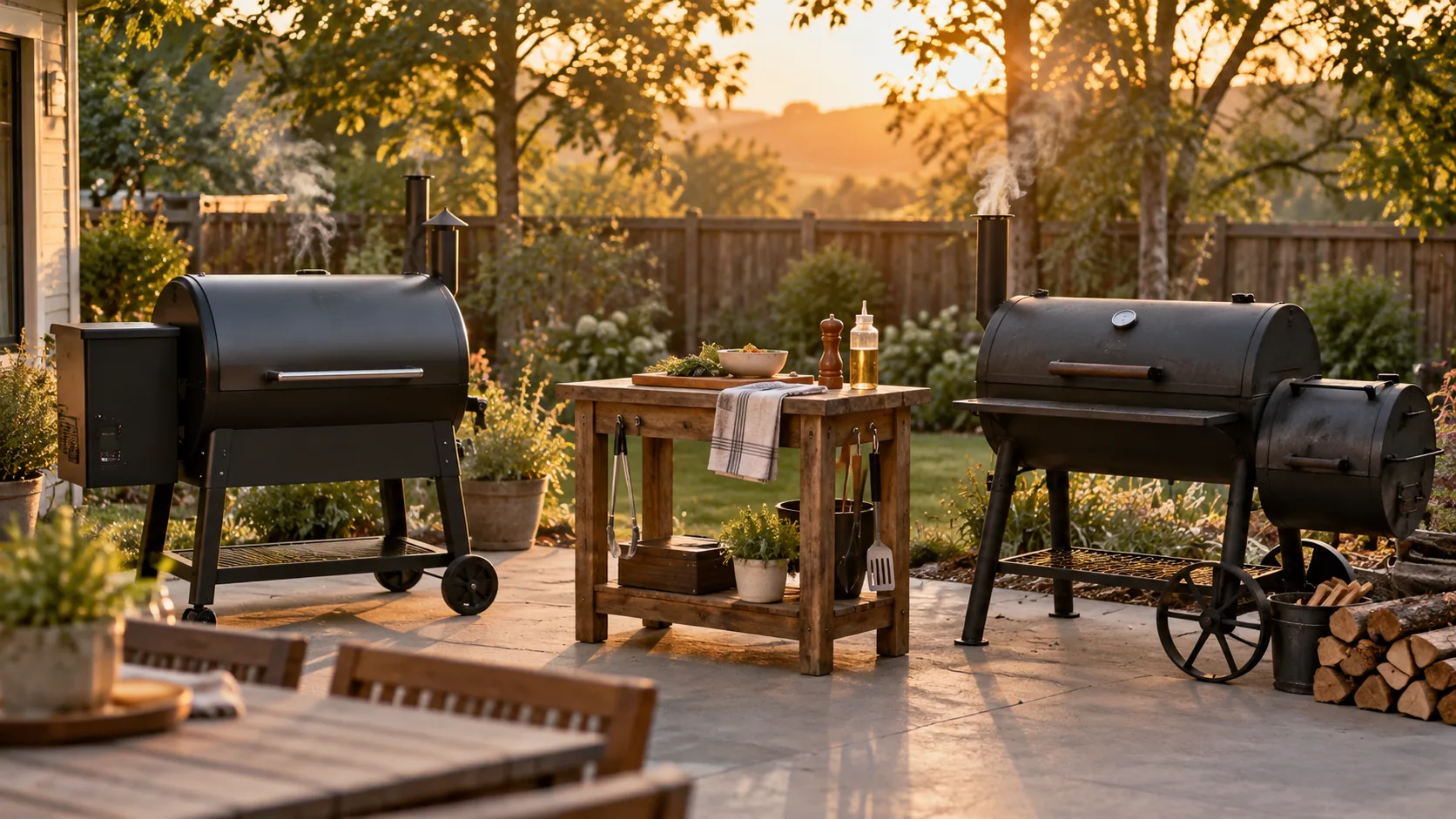 A generic pellet smoker and offset smoker on a backyard patio